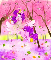 Size: 1725x2048 | Tagged: safe, artist:pearl a.g, imported from derpibooru, pipp petals, pegasus, pony, cherry blossoms, female, flower, flower blossom, flying, g5, solo, spring, tree