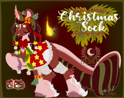 Size: 2402x1906 | Tagged: safe, artist:medkit, imported from derpibooru, oc, oc only, oc:larna, original species, pony, unicorn, accessory, adoptable, berry, big eyes, bow, bracelet, branches, candy, candy cane, cape, chest fluff, christmas sock, clothes, cloven hooves, coat markings, colored hooves, colored horn, colored lineart, colored pupils, curved horn, digital art, drupe, ear fluff, eye clipping through hair, eyebrows, eyebrows visible through hair, eyelashes, eyes open, eyeshadow, facial markings, female, fir branch, fluffy, fur, gradient background, green eyes, gritted teeth, hair bow, hairstyle, heart shaped, high res, horn, ilex, jewelry, leaves, leonine tail, lipstick, long horn, long mane, long tail, makeup, mare, old art, patch, pompon, ponified, raised hoof, reference sheet, ribbon, scrunchie, signature, socks (coat markings), solo, standing, stars, tail, teeth, title, two toned horn, two toned mane, unicorn oc, unshorn fetlocks, warm, warm magic