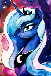 Size: 2048x3072 | Tagged: safe, imported from derpibooru, princess luna, alicorn, pony, abstract background, ai content, ai generated, bust, female, generator:novelai, generator:stable diffusion, high res, horn, jewelry, mare, portrait, prompt in description, prompter:endless--, regalia, smiling, solo, tiara