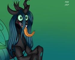 Size: 2048x1633 | Tagged: safe, artist:sosyjopy6, imported from derpibooru, queen chrysalis, changeling, changeling queen, female, gradient background, solo, tongue out