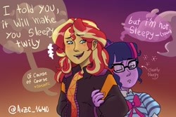 Size: 3000x2000 | Tagged: safe, artist:1640avzc, imported from derpibooru, sci-twi, sunset shimmer, twilight sparkle, human, equestria girls, duo, female, lesbian, scitwishimmer, shipping, sleepy, sunsetsparkle