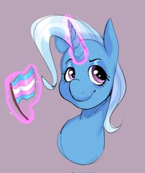 Size: 1721x2048 | Tagged: safe, artist:diameltzuwu, imported from derpibooru, trixie, pony, unicorn, bust, female, glowing, glowing horn, horn, magic, pride, pride flag, simple background, solo, telekinesis, transgender pride flag