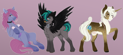 Size: 3083x1382 | Tagged: safe, artist:inyah, imported from derpibooru, oc, oc only, oc:avilius, oc:axel, oc:ransom, earth pony, pegasus, pony, unicorn, chest fluff, collar, male, nudity, pubic fluff, scar, sheath, stallion