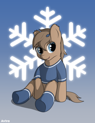 Size: 638x821 | Tagged: safe, artist:av1ra, imported from derpibooru, earth pony, pony, blue eyes, clothes, female, snow, socks, solo, yakutian horse
