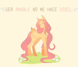 Size: 2048x1781 | Tagged: safe, artist:sadgirl_jvnko, imported from derpibooru, fluttershy, pegasus, pony, female, mare, simple background, solo, spanish, text, translated in the comments, yellow background