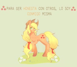 Size: 2048x1781 | Tagged: safe, artist:sadgirl_jvnko, imported from derpibooru, applejack, earth pony, pony, female, green background, mare, simple background, solo, spanish, text, translated in the comments