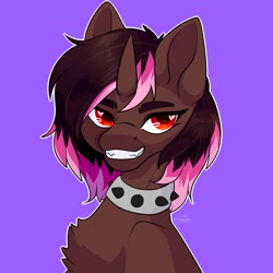 Size: 2048x2048 | Tagged: safe, artist:chococonut18, imported from derpibooru, oc, pony, unicorn, collar, female, grin, mare, purple background, simple background, smiling, solo