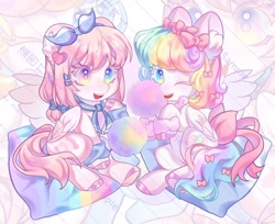 Size: 1324x1080 | Tagged: safe, artist:ywn10804439, imported from derpibooru, oc, oc only, pegasus, pony, cotton candy, duo, female, heterochromia, pegasus oc