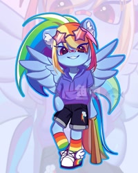 Size: 1056x1322 | Tagged: safe, artist:ywn10804439, imported from derpibooru, rainbow dash, anthro, pegasus, unguligrade anthro, clothes, female, hoodie, shorts, solo, zoom layer