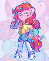 Size: 1056x1322 | Tagged: safe, artist:ywn10804439, imported from derpibooru, pinkie pie, anthro, earth pony, unguligrade anthro, female, skateboard, solo, zoom layer
