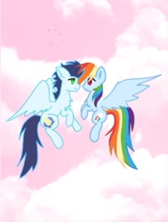 Size: 749x993 | Tagged: safe, imported from derpibooru, rainbow dash, soarin', pegasus, pony, female, flying, male, mare, shipping, soarindash, stallion, straight