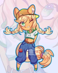 Size: 1056x1322 | Tagged: safe, artist:ywn10804439, imported from derpibooru, applejack, anthro, earth pony, unguligrade anthro, female, midriff, one eye closed, solo, wink, zoom layer