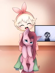 Size: 1536x2048 | Tagged: safe, artist:nikimispace, imported from derpibooru, pinkie pie, earth pony, human, pony, bonnie's bakery, creepypasta, crossover, eyes closed, female, mare, pinkamena diane pie