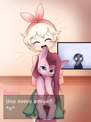 Size: 1536x2048 | Tagged: safe, artist:nikimispace, imported from derpibooru, pinkie pie, earth pony, human, pony, bonnie's bakery, creepypasta, crossover, eyes closed, female, mare, pinkamena diane pie, spanish