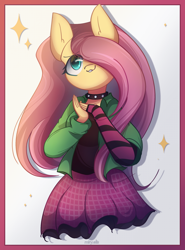 Size: 1700x2300 | Tagged: safe, artist:miryelis, imported from derpibooru, anthro, abstract background, choker, clothes, cute, draw this in your style, dtiys emoflat, female, gloves, grin, hand, jacket, long hair, mare, one eye closed, signature, skirt, smiling, solo, sparkles, spiked choker