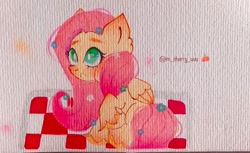 Size: 1200x734 | Tagged: safe, artist:cherry01_s, imported from derpibooru, fluttershy, pegasus, pony, female, mare, solo, traditional art