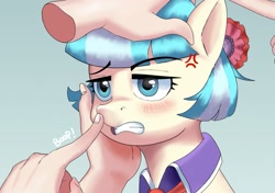 Size: 1737x1224 | Tagged: safe, artist:vinilyart, imported from derpibooru, coco pommel, earth pony, pony, angry, blushing, boop, disembodied hand, female, hand, light blue background, mare, petting, simple background