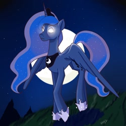 Size: 1600x1600 | Tagged: safe, artist:val_j667, imported from derpibooru, princess luna, alicorn, pony, female, glowing, glowing eyes, mare, moon, night, solo
