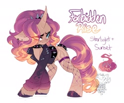 Size: 2048x1707 | Tagged: safe, artist:smokeypapayas, imported from derpibooru, starlight glimmer, sunset shimmer, oc, oc:forbidden rise, pony, unicorn, choker, clothes, curved horn, female, fusion, horn, jacket, leather, leather jacket, simple background, solo, spiked choker, unicorn oc, white background