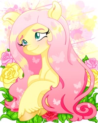 Size: 1638x2048 | Tagged: safe, artist:pearl a.g, imported from derpibooru, fluttershy, pegasus, pony, bust, female, flower, looking away, looking up, mare, rose, smiling, solo, three quarter view, unshorn fetlocks