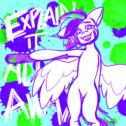 Size: 1500x1500 | Tagged: safe, artist:koapony, imported from derpibooru, oc, oc only, oc:koa, pegasus, pony, baseball bat, bipedal, colorful, crying, looking at you, open mouth, open smile, smiling, solo, spread wings, wings
