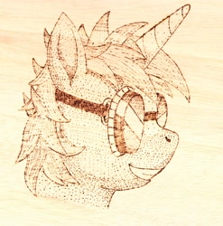 Size: 2357x2389 | Tagged: safe, artist:malte279, imported from derpibooru, oc, oc:multi purpose, pony, unicorn, craft, goggles, pyrography, traditional art