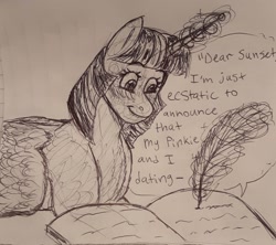 Size: 2048x1818 | Tagged: safe, artist:violetpony11, imported from derpibooru, twilight sparkle, alicorn, pony, implied sunset shimmer, monochrome, sketch, sunset's journal, traditional art, twilight sparkle (alicorn)