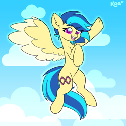 Size: 1000x1000 | Tagged: safe, artist:koapony, imported from derpibooru, oc, oc only, oc:koa, pegasus, pony, cloud, colored wings, colored wingtips, eyebrows, flying, looking at you, open mouth, open smile, raised eyebrow, smiling, solo, two toned wings, wings