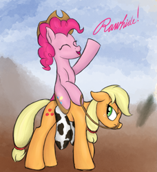 Size: 1397x1534 | Tagged: safe, artist:ahorseofcourse, imported from derpibooru, applejack, pinkie pie, earth pony, pony, annoyed, clothes, cowprint, day, daytime, looking right, pinkie pie riding applejack, ponerpics import, ponies riding ponies, rawhide (song), riding, socks