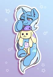 Size: 1165x1684 | Tagged: safe, artist:koapony, imported from derpibooru, trixie, pony, rabbit, unicorn, animal, blushing, eyebrows, female, gradient background, lying down, mare, on back, one eye closed, plushie, sleepy, smiling, solo, stars, watermark