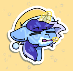 Size: 1244x1210 | Tagged: safe, artist:koapony, imported from derpibooru, minuette, pony, unicorn, brushie, brushie brushie, brushing teeth, bust, eyebrows, eyebrows visible through hair, eyes closed, hat, levitation, magic, nightcap, portrait, sleepy, solo, telekinesis, toothbrush, watermark