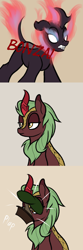 Size: 600x1800 | Tagged: safe, artist:ahorseofcourse, imported from derpibooru, autumn blaze, cinder glow, summer flare, kirin, nirik, 3 panel comic, bonsai, cinder glow is not amused, comic, female, lidded eyes, mare, onomatopoeia, plap, ponerpics import, sound effects, unamused