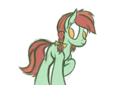 Size: 1500x1000 | Tagged: safe, artist:ahorseofcourse, imported from derpibooru, candy apples, earth pony, pony, apple family member, background pony, braid, cute, female, mare, pigtails, raised hoof, simple background, solo, twin braids, white background