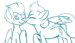 Size: 802x461 | Tagged: safe, artist:koapony, imported from derpibooru, zipp storm, oc, oc:luck rock, pegasus, pony, blushing, eyes closed, g5, licking, one eye closed, sketch, smiling, spread wings, tongue out, wings