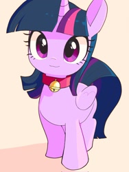 Size: 1536x2048 | Tagged: safe, artist:cheesesauce_45, imported from derpibooru, twilight sparkle, alicorn, pony, beige background, bell, bell collar, collar, looking at you, simple background, solo, twilight sparkle (alicorn)