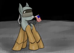 Size: 693x498 | Tagged: safe, artist:ahorseofcourse, imported from derpibooru, oc, oc only, pony, robot, american flag, lunar lander, moon, moon landing, mouth hold, ponerpics import, ponified, solo