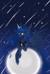 Size: 2731x4096 | Tagged: safe, artist:7pspoints, imported from derpibooru, princess luna, alicorn, pony, female, meteor shower, moon, shooting star, solo, tangible heavenly object