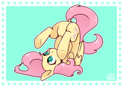 Size: 1280x906 | Tagged: safe, artist:jellysketch, imported from derpibooru, fluttershy, pegasus, pony, cute, female, mare, shyabetes, signature, solo, upside down