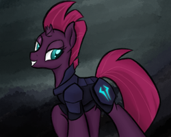 Size: 1375x1100 | Tagged: safe, artist:ahorseofcourse, imported from derpibooru, tempest shadow, pony, unicorn, armor, broken horn, eye scar, facial scar, female, horn, lidded eyes, looking back, mare, ponerpics import, scar, smiling, solo, storm king armor