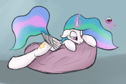 Size: 2400x1600 | Tagged: safe, artist:ahorseofcourse, imported from derpibooru, princess celestia, alicorn, pony, alcohol, beanbag chair, ethereal mane, female, glass, horn, lying down, magic, mare, ponerpics import, solo, telekinesis, wine, wine glass, wings