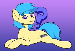 Size: 1619x1108 | Tagged: safe, artist:koapony, imported from derpibooru, oc, oc only, earth pony, pony, controller, eyebrows, eyebrows visible through hair, gradient background, looking at you, question mark, smiling, solo