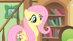 Size: 1280x720 | Tagged: safe, imported from derpibooru, screencap, fluttershy, pegasus, pony, a bird in the hoof, bookshelf, cute, shyabetes, smiling, solo, staircase, stairs