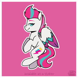 Size: 1280x1280 | Tagged: safe, artist:jellysketch, imported from derpibooru, zipp storm, pegasus, pony, female, flying, g5, looking at you, mare, pink background, profile, side view, signature, simple background, smiling, smirk, solo