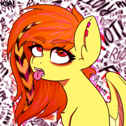 Size: 1500x1500 | Tagged: safe, alternate version, artist:koapony, imported from derpibooru, oc, oc only, pegasus, pony, bleh, cum, ear piercing, eyebrows, eyebrows visible through hair, eyes rolling back, open mouth, paramore, piercing, scene hair, scene kid, tongue out