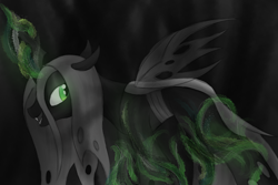 Size: 2250x1500 | Tagged: safe, artist:ahorseofcourse, imported from derpibooru, queen chrysalis, changeling, changeling queen, fangs, female, green eyes, horn, magic, monochrome, neo noir, open mouth, partial color, solo, wings