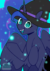 Size: 1280x1811 | Tagged: safe, artist:jellysketch, imported from derpibooru, princess luna, alicorn, pony, cute, female, halloween, hat, holiday, lunabetes, magic, mare, nightmare luna, nightmare night, sharp teeth, signature, slit pupils, solo, teeth, witch hat