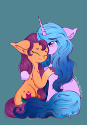 Size: 1280x1833 | Tagged: safe, artist:dashienightingale, imported from derpibooru, izzy moonbow, sunny starscout, earth pony, pony, duo, female, g5, hug, izzyscout, lesbian, sad, shipping, simple background