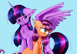 Size: 1280x895 | Tagged: safe, artist:dashienightingale, imported from derpibooru, sunny starscout, twilight sparkle, alicorn, earth pony, pony, the last problem, blue background, chest fluff, duo, female, g5, older, older twilight, princess twilight 2.0, simple background, sunny and her heroine, twilight sparkle (alicorn)