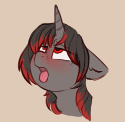 Size: 1531x1488 | Tagged: source needed, safe, artist:yoditax, imported from derpibooru, oc, oc only, oc:ada, pony, unicorn, ahegao, blushing, d'lirium, ears back, female, looking up, mare, open mouth, simple background, solo, tongue out