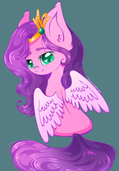 Size: 1280x1833 | Tagged: safe, artist:dashienightingale, imported from derpibooru, pipp petals, pegasus, pony, adorapipp, crown, cute, eyebrows, eyebrows visible through hair, female, g5, green background, jewelry, looking at you, looking back, looking back at you, mare, partially open wings, rear view, regalia, signature, simple background, sitting, smiling, smiling at you, solo, wings